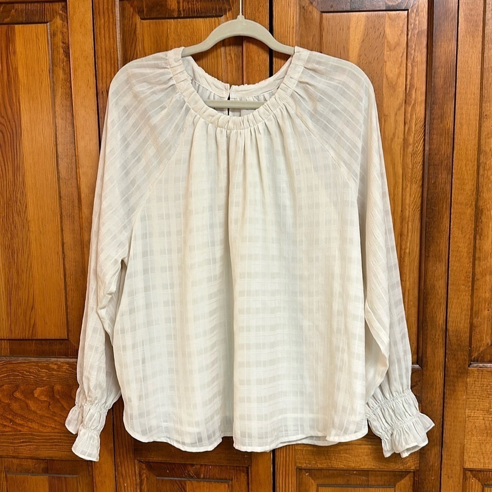 Loft Creamy Ivory Smocked Cuff Gathered Scoop Neck Holiday Dress Blouse XL